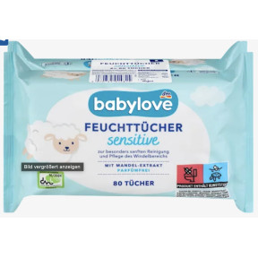 Дитячі вологі серветки Babylove Sensitive з екстрактом мигдалю, 80 шт.